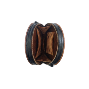 Ma Fierté Handcrafted Carved Teak Wood Round Crossbody Bag – Black Leather Edition - Image 3