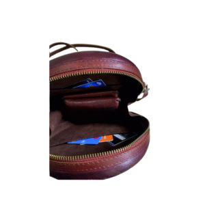 Ma Fierté Lotus Bloom Mandala Carved Teak Wood Round Crossbody Bag – Brown Edition - Image 3