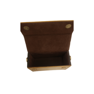 Ma Fierté Yellow Ochre Petal Carved Wood and Leather Crossbody Bag - Image 3